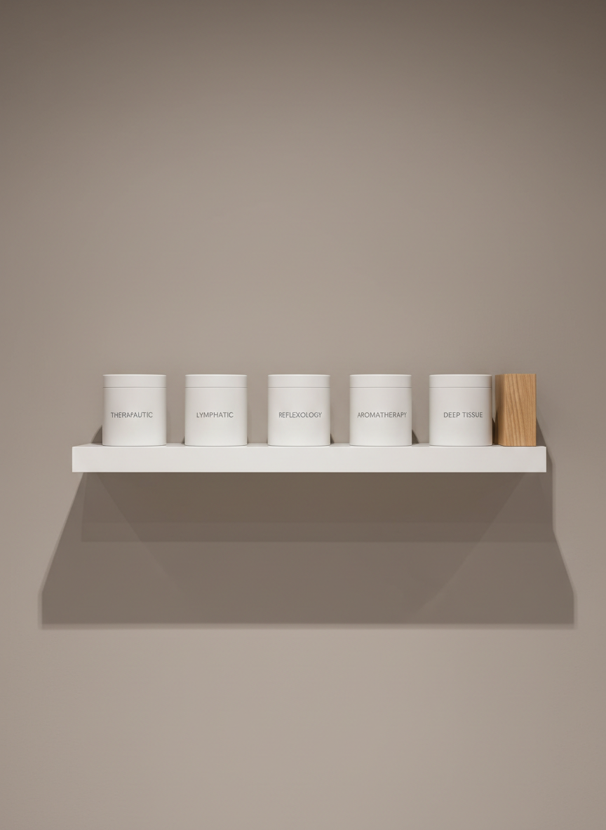 A minimalist product display for a holistic massage clinic, comprising a floating white shelf mounted on a soft taupe wall, holding a curated row of identical cylindrical containers in matte off-white with simple grey typography indicating treatments such as "Therapeutic", "Lymphatic", "Reflexology", and "Aromatherapy". A single, compact, light wood block acts as a bookend. The shelf casts a clean, linear shadow on the wall. Neutral, diffused ceiling lighting ensures even brightness without hotspots. Captured straight-on with a centered, symmetrical composition and sharp focus, the photographic realism and corporate aesthetic present a sense of order, brand unity, and structured treatment offerings suitable for a services overview section.