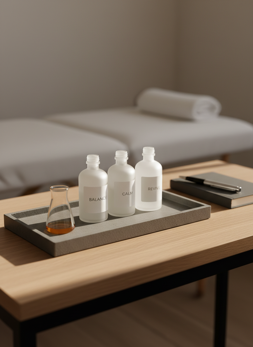 A tranquil aromatherapy composition arranged on a sleek, rectangular tray with a matte stone-grey finish set atop a light oak console. Three identical frosted glass bottles with minimalist white labels are aligned in a straight row, accompanied by a small clear glass beaker and a closed notebook with a charcoal cover and silver pen. In the background, a neutral-toned wall and a blurred outline of a treatment table maintain visual calm. Gentle, diffused afternoon light enters from the right, creating soft highlights on the glass and tray edges, with subtly layered shadows. Photographed from a slightly elevated angle with a rule-of-thirds composition and photographic realism, the scene communicates precision blending and professional aromatherapy formulations.