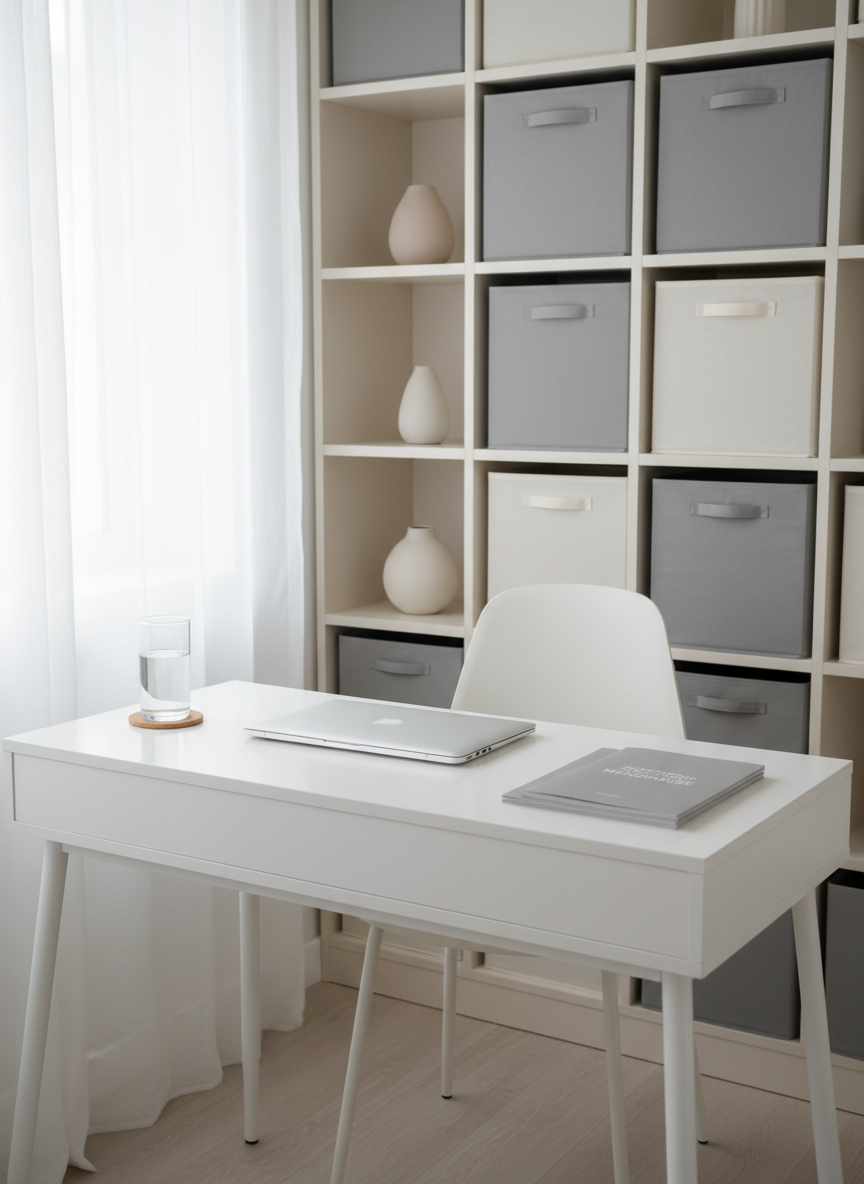 A calming menopause massage consultation corner featuring a clean white desk with slender legs, a closed silver laptop, a slim glass of water on a coaster, and a neatly stacked pair of soft-grey information booklets titled "Support Through Menopause". Behind the desk is a tall, built-in shelving unit in warm white, holding uniformly spaced storage boxes and neutral ceramic vases for a non-clinical yet ordered feel. The color palette stays within whites, greys, and soft beige. Natural daylight from a side window is softened by sheer curtains, creating a gentle, even glow. Photographed at eye level with a balanced, spacious composition and photographic realism, the mood is reassuring, professional, and quietly supportive, ideal for conveying specialized menopause-focused therapies.