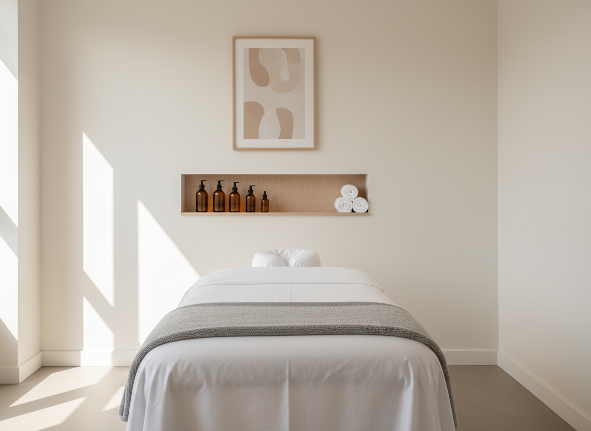 A neatly made professional massage table with crisp white linens, a folded dove-grey blanket at the foot, and a perfectly aligned face cradle, centered in a minimalist treatment room. The walls are painted in soft warm white with a single framed abstract print in muted beige and sand tones. A built-in wooden shelf holds neatly arranged amber glass bottles and rolled white towels. Soft, diffused natural daylight enters from an unseen window, creating gentle shadows and a calm, even illumination. Photographed at eye level with a balanced, symmetrical composition and sharp focus throughout, the image conveys a clean, clinical yet welcoming environment with a corporate, photographic realism aesthetic suitable for a holistic massage business homepage.