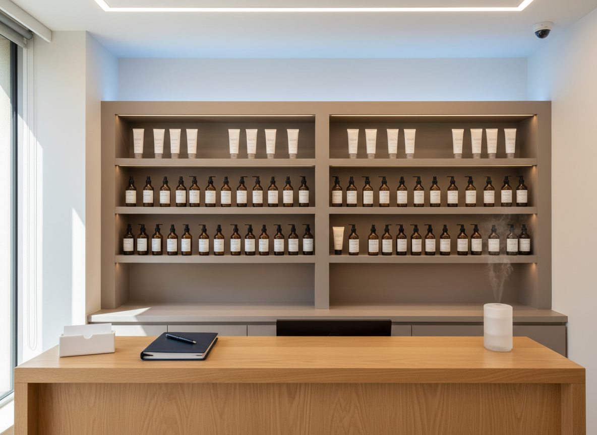 An uncluttered reception counter in a holistic massage clinic, featuring a smooth light oak surface with a discrete matte white business card holder, a closed appointment book, and a small frosted glass diffuser emitting a faint wisp of vapor. Behind the counter, built-in shelving in neutral taupe displays uniformly arranged, label-forward massage oils and creams in frosted and amber bottles. Cool, even overhead lighting combines with soft side light from a nearby window, creating subtle reflections on the surfaces. Captured from a slightly elevated angle using the rule of thirds, the composition feels ordered and structured, with a corporate, photographic realism style that communicates professionalism, organization, and trust.
