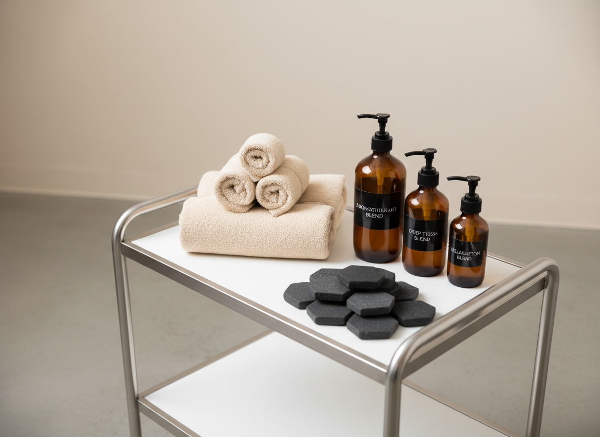 A close-up, detail-focused view of carefully arranged massage tools on a pristine white treatment trolley: neatly folded cream-colored towels, a polished basalt hot stone set in geometric formation, and three graduated amber glass pump bottles labeled for aromatherapy, deep tissue, and relaxation blends. The trolley stands on a smooth, light grey floor against a pale beige wall, with no clutter in sight. Soft studio lighting from the left creates gentle highlights on the glass and stone, with controlled shadows adding depth. Shot with a shallow depth of field from a slightly elevated angle, the foreground elements are in crisp focus while the background softly blurs, achieving a clean, modern, corporate aesthetic that emphasizes precision and tailored treatment options.