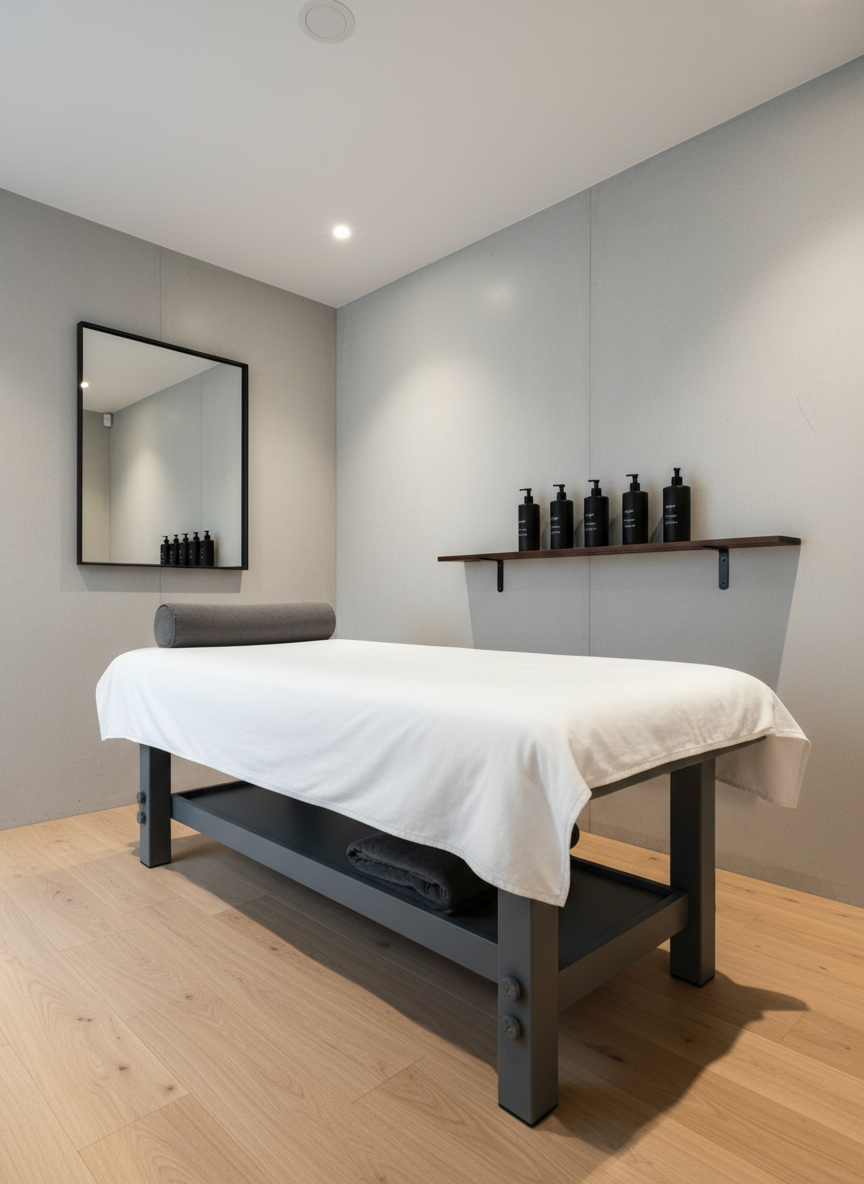 A deep tissue massage environment showcasing a sturdy, graphite-grey massage table with reinforced legs, covered in a tightly fitted white sheet and a neatly folded, darker grey bolster along one side. On a narrow wall-mounted shelf, a row of identical, matte-black pump bottles is aligned under a simple, rectangular mirror with a thin black frame. The walls are a cool, light concrete tone, and the floor is smooth, pale wood. Focused overhead lighting casts controlled, directional light that emphasizes the surfaces without harshness, creating subtle contrast. Shot from a low, three-quarter angle with sharp focus, the composition feels strong, structured, and highly professional, reinforcing the robust, corrective nature of deep tissue work in a modern clinical setting.
