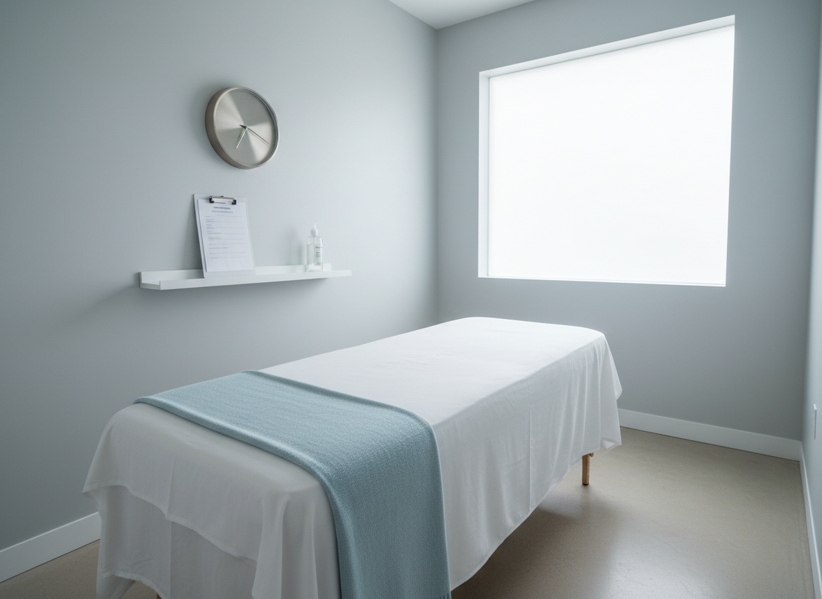 A serene treatment room dedicated to manual lymphatic drainage, featuring a slightly higher, firm-surfaced massage couch covered in smooth white sheets, with a light blue, finely textured blanket neatly folded along one side. On a floating white shelf beside the couch, a stainless steel clock, a clipboard with a clean, minimal assessment form, and a single clear bottle of unscented lotion are aligned with exact spacing. The room’s palette is cool neutrals and soft greys. Indirect daylight filters through a frosted glass window, producing an evenly lit space with barely-there shadows. Photographed from a corner at a wide angle, the composition emphasizes clarity, order, and clinical professionalism in a photographic realism style.
