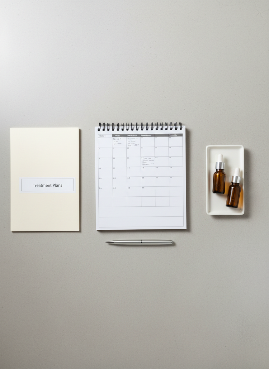An overhead, flat-lay composition of a therapist’s planning layout on a smooth, light concrete desktop: a weekly appointment planner open to neatly written time blocks, a slim silver pen aligned parallel to the page, a closed folder labeled "Treatment Plans", and a small, rectangular tray holding two sample-sized, label-free oil vials. The surrounding space is intentionally empty, maintaining a feeling of clarity and control. Soft, indirect studio lighting from the top left eliminates harsh shadows, giving the scene a balanced, evenly lit appearance. The photographic realism, neutral grey and white palette, and precise arrangement create a disciplined, corporate aesthetic that reflects structured, individually tailored holistic massage programs.