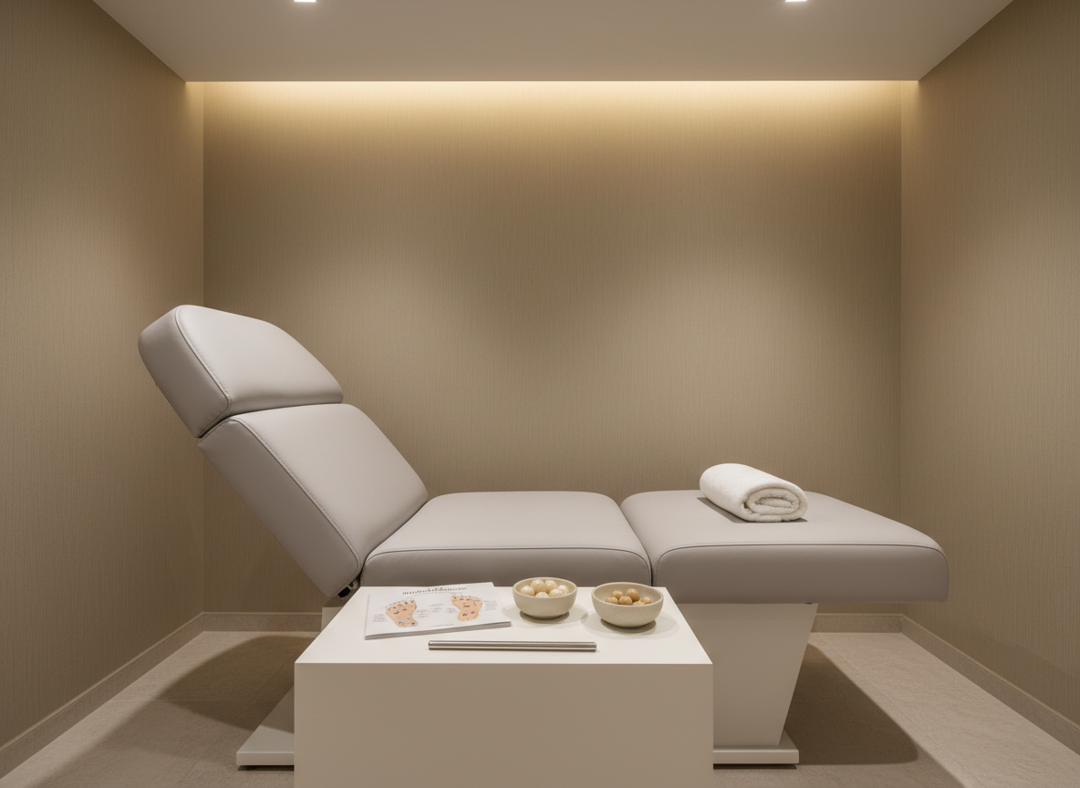 A refined reflexology setup on a low, adjustable treatment chair covered with a smooth, pale grey upholstery and a precisely positioned white towel at the footrest. In front, a minimalist side table in matte white holds a small, open reflexology chart booklet, a single stainless steel reflexology stick, and two small bowls with neutral-toned marbles representing pressure points. The background wall is a warm greige with a subtle vertical texture, free from distractions. Soft overhead LED lighting provides consistent illumination, while a secondary side light adds gentle definition. Captured at eye level with a structured, balanced composition and moderate depth of field, the image embodies a clean, corporate, photographic style highlighting the technical, methodical nature of reflexology within a holistic practice.