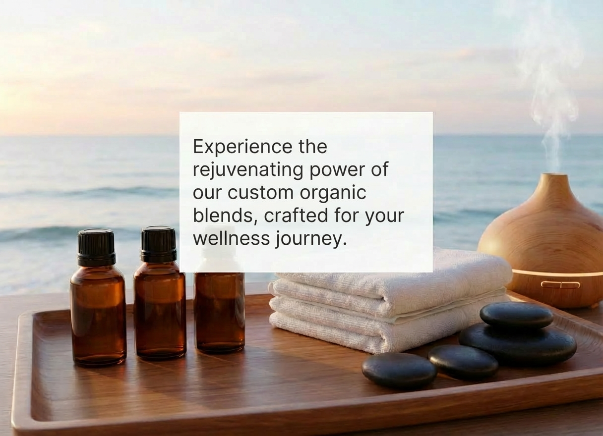 Essential tools for oceanfront wellness therapy SPA Essentials: Aromatherapy Blend, Deep Tissue Blend, Relaxation Blend, Towels, Hot Stones. Spa products on a tray by the sea.